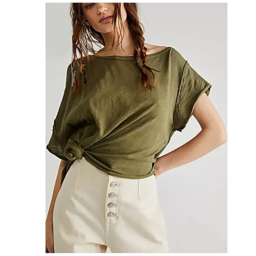 We The Free People U Fancy Slouchy Tee in army olive green Women’s S NWOT